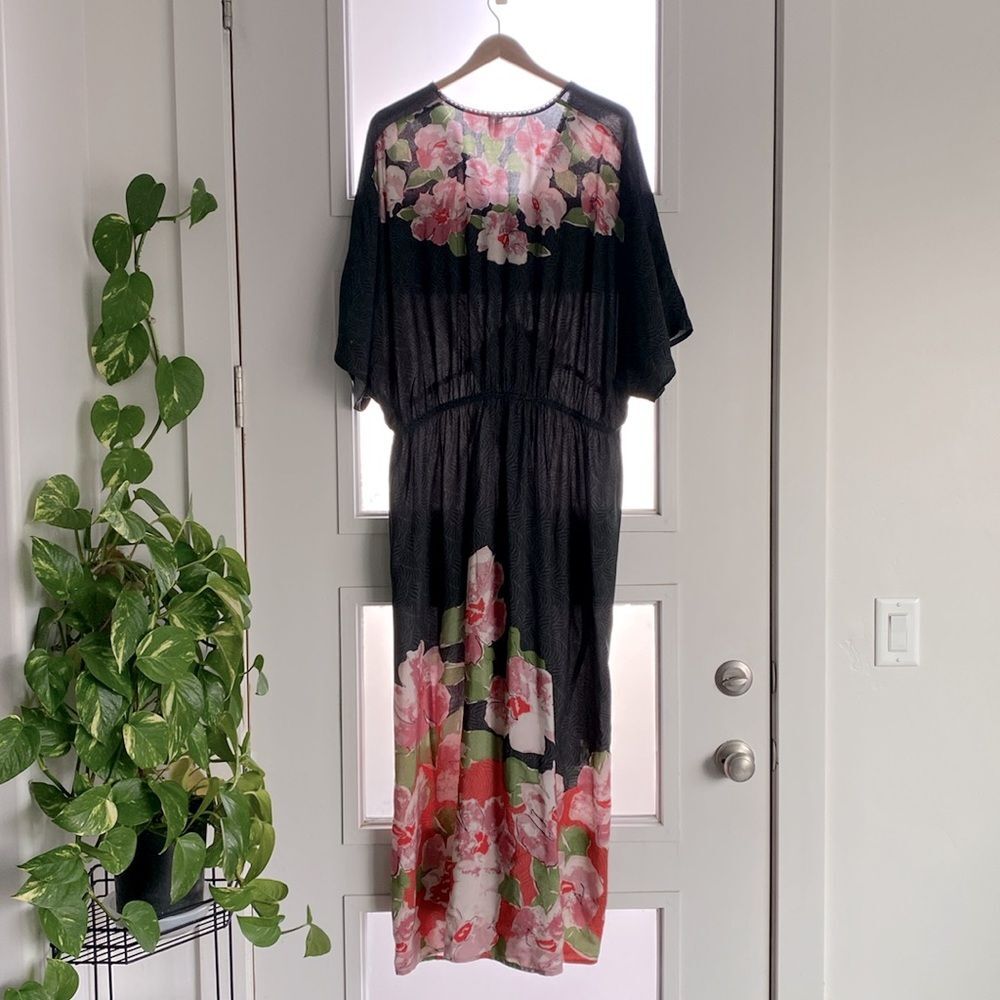 Bl-nk Anthropologie Floral Black Kimono Dress Plus One Size Boho Luxury Vacation - Picture 9 of 13